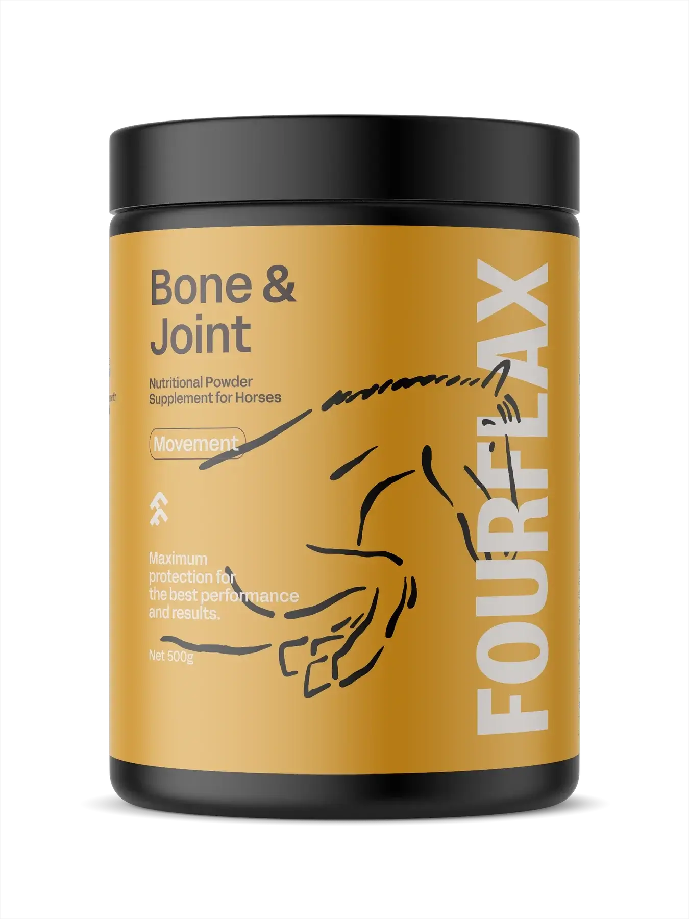 Fourflax Bone & Joint supplement container for horses on a white background