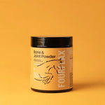 Jar of Fourflax Bone & Joint Powder on a yellow background