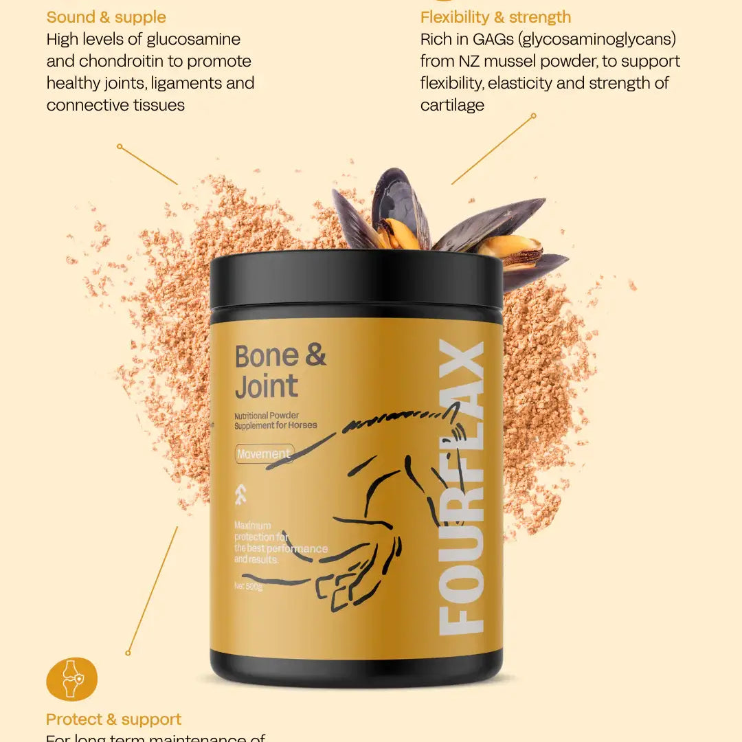 Fourflax Bone & Joint supplement container with text on a beige background