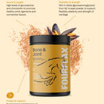 Fourflax Bone & Joint supplement container with text on a beige background