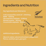 Ingredients and nutrition label for a horse supplement with key ingredients listed on a yellow background.