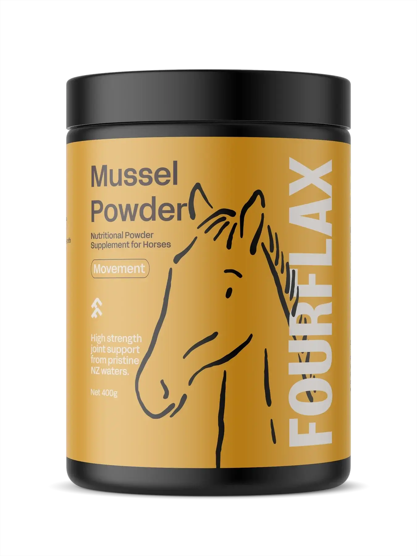 Fourflax Mussel Powder supplement for horses on a white background