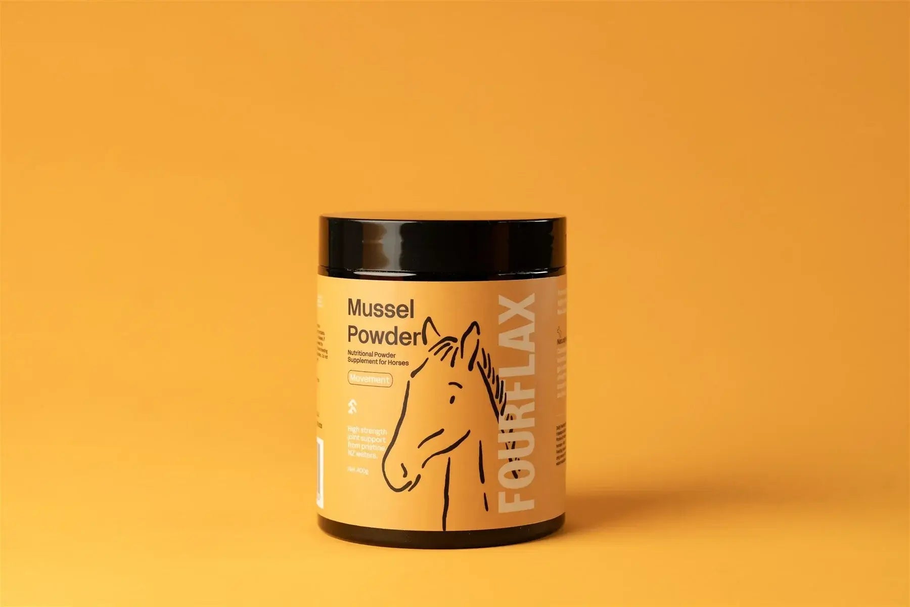 Jar of Fourflax Mussel Powder on a yellow background