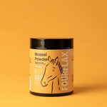 Jar of Fourflax Mussel Powder on a yellow background