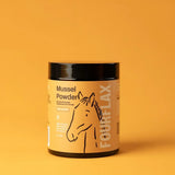 Jar of Fourflax Mussel Powder on a yellow background