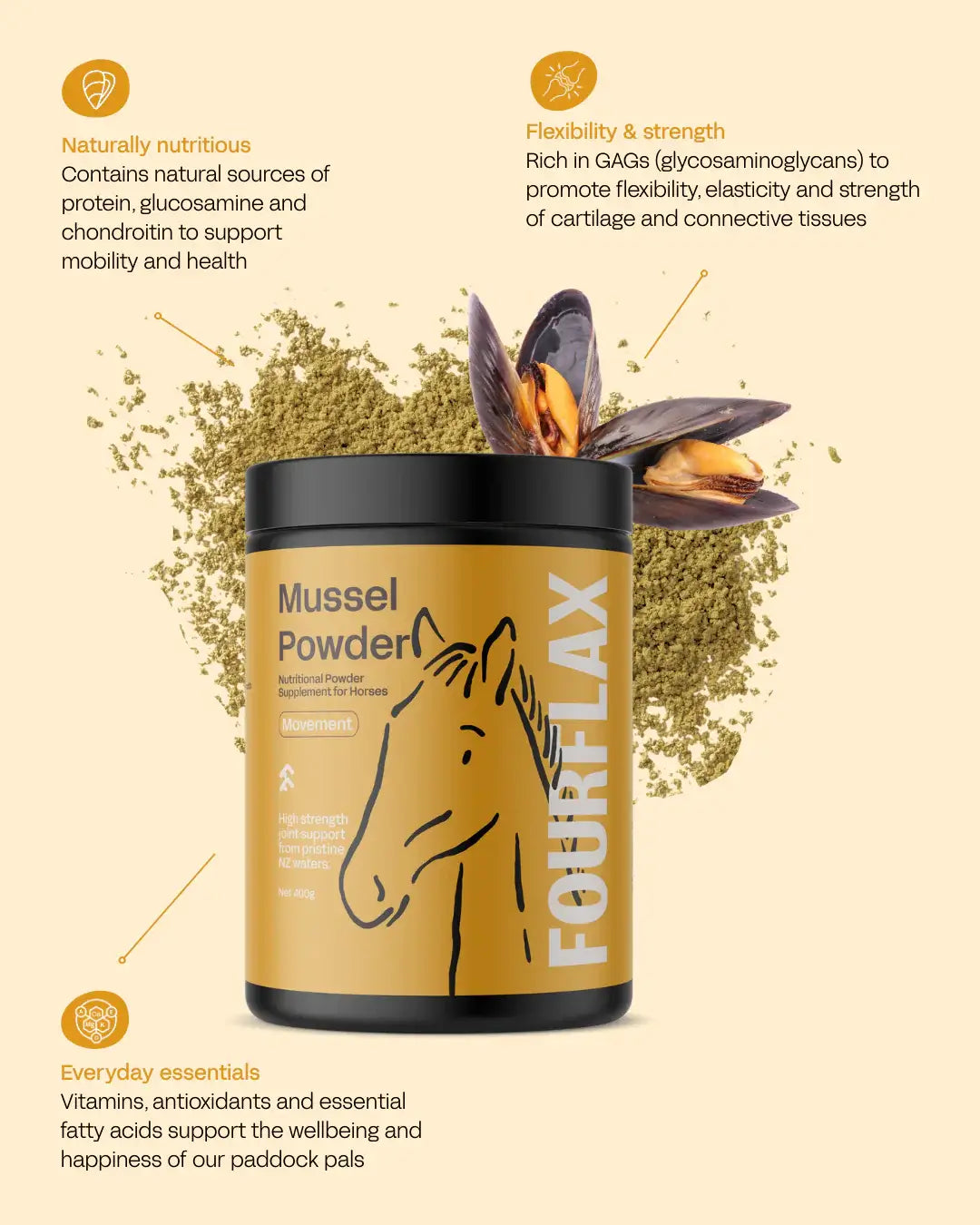 Mussel powder container with mussel shells and text on a beige background