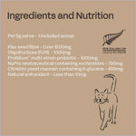 Ingredients and nutrition label for a pet product with a cat illustration on a brown background.