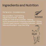 Ingredients and nutrition label for a pet product with a cat illustration on a brown background.