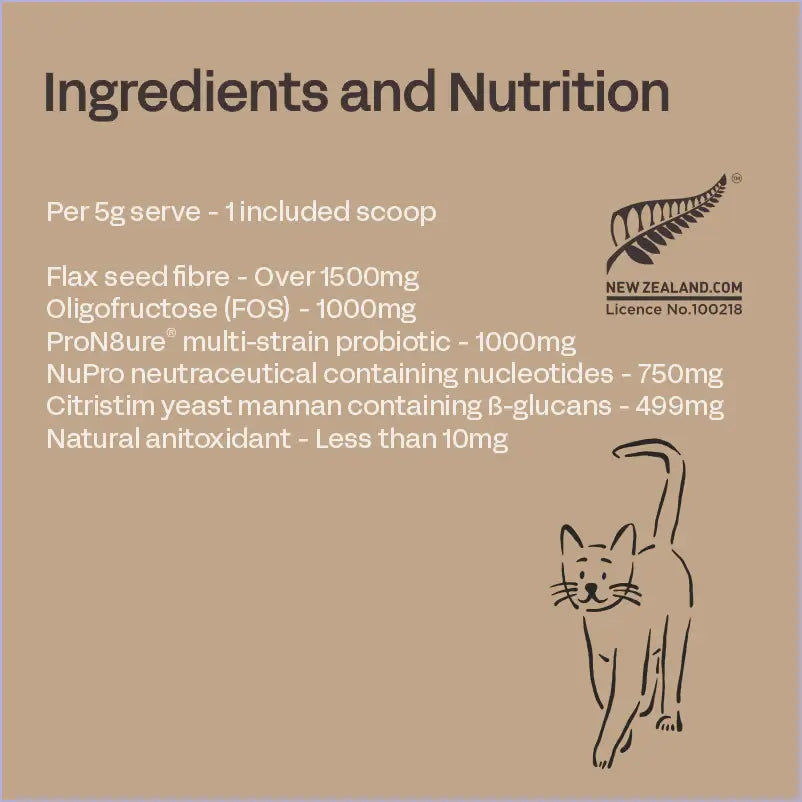 Ingredients and nutrition label for a pet product with a cat illustration on a brown background.