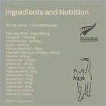 Ingredients and nutrition label for a product with a cat illustration on a green background.