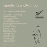 Ingredients and nutrition label for a product with a cat illustration on a green background.