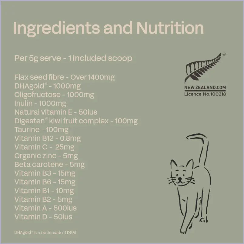 Ingredients and nutrition label for a product with a cat illustration on a green background.