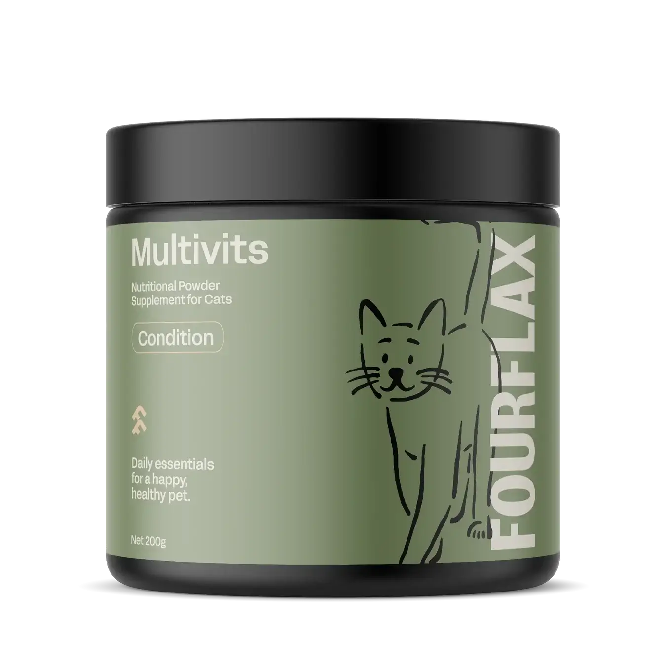 Cat supplement container labeled 'Multivits' by FourFlax on a white background