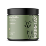 Cat supplement container labeled 'Multivits' by FourFlax on a white background
