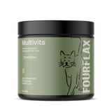 Cat supplement container labeled 'Multivits' by FourFlax on a white background