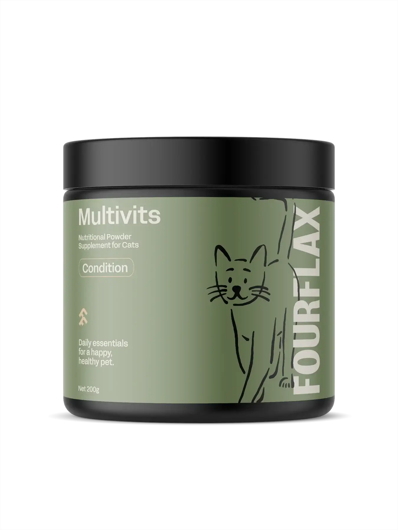 Cat supplement container labeled 'Multivits' by FourFlax on a white background