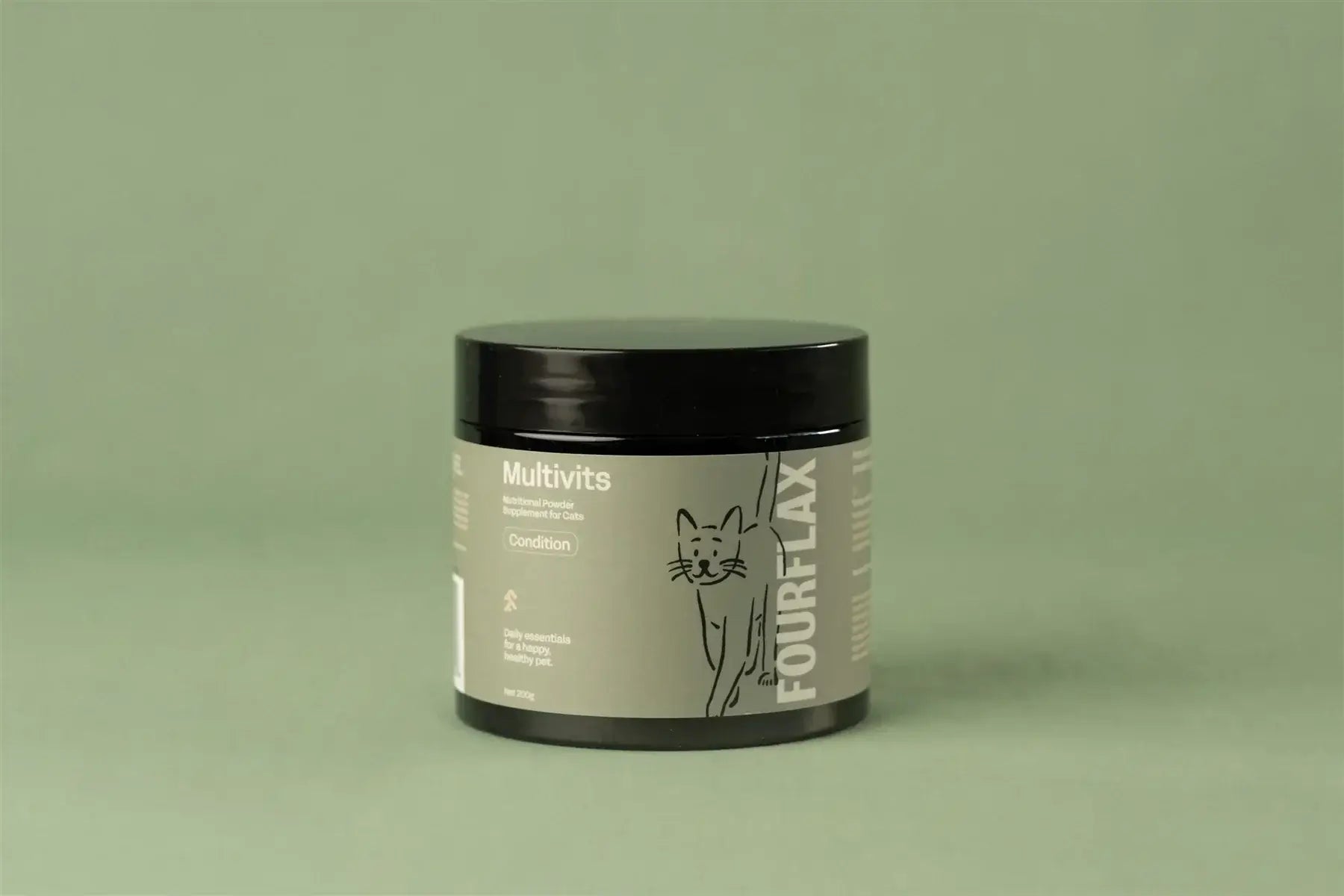 Jar labeled 'Multivits' and 'FourFlax' on a green background