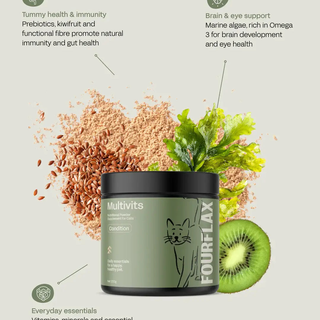 Fourflax Multivits container with kiwi fruit and text about product benefits on a light background