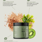 Fourflax Multivits container with kiwi fruit and text about product benefits on a light background