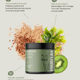 Fourflax Multivits container with kiwi fruit and text about product benefits on a light background
