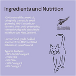 Ingredients and Nutrition for Fourflax Feline Fish & Flax 250ml, showcasing omega fatty acid details.