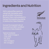 Ingredients and Nutrition for Fourflax Feline Fish & Flax 250ml, showcasing omega fatty acid details.