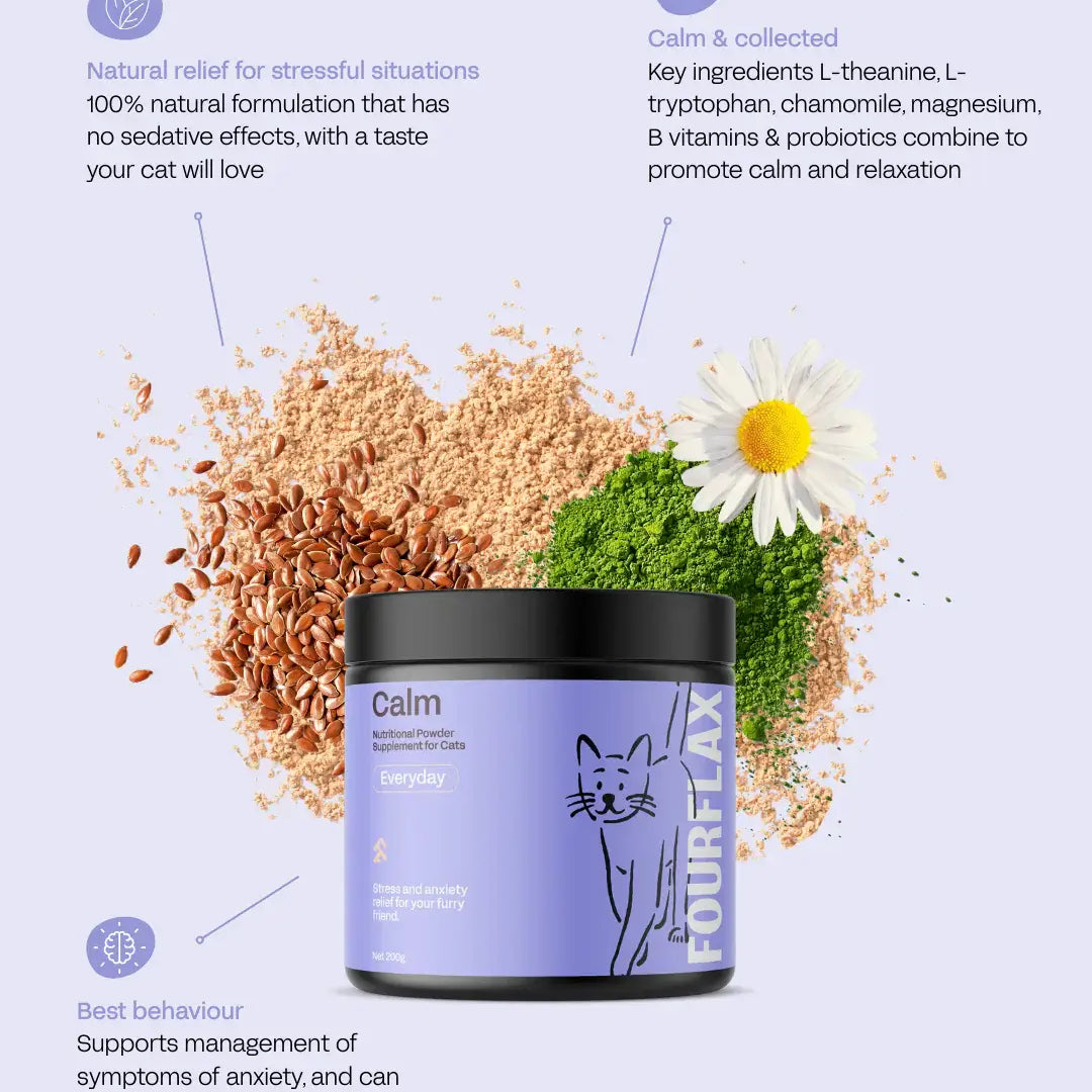 Cat supplement product with ingredients and benefits on a light purple background