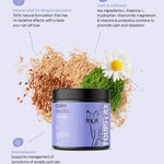 Cat supplement product with ingredients and benefits on a light purple background