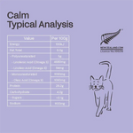 Nutritional analysis chart for a product on a purple background with a cat illustration 
