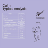Nutritional analysis chart for a product on a purple background with a cat illustration 