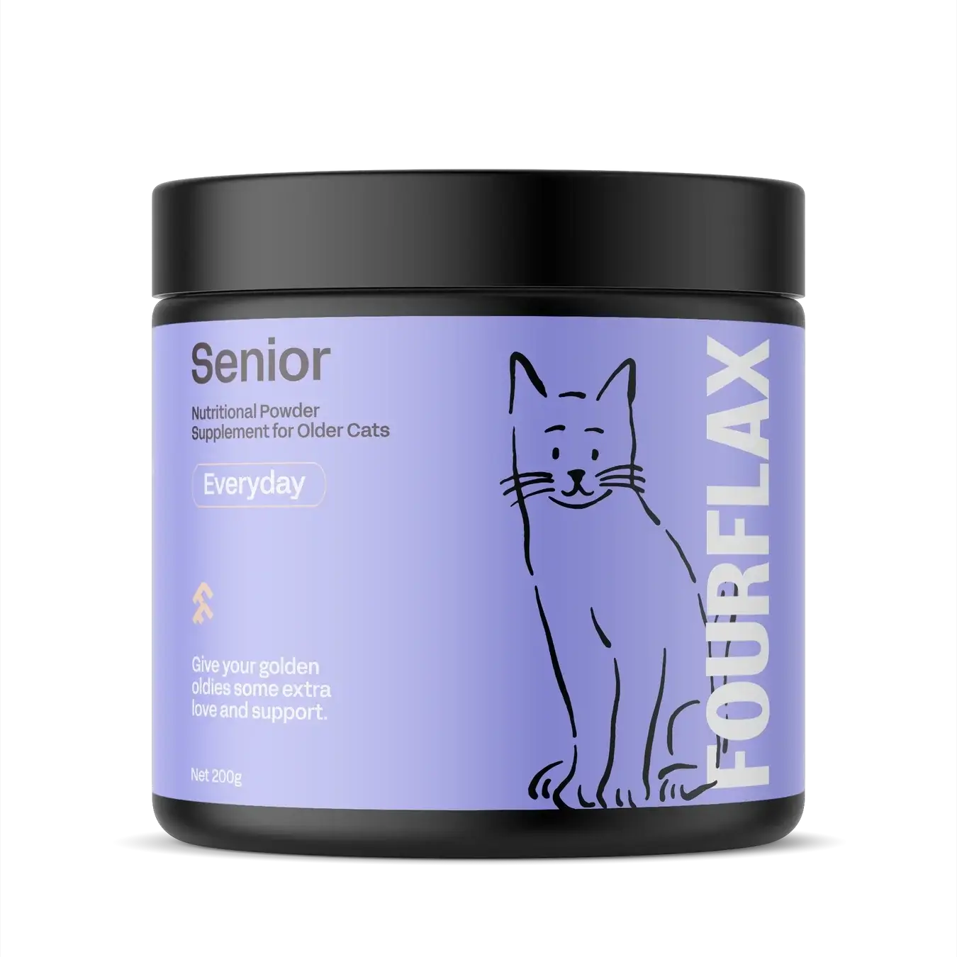 FourFlax Senior cat supplement jar on a white background