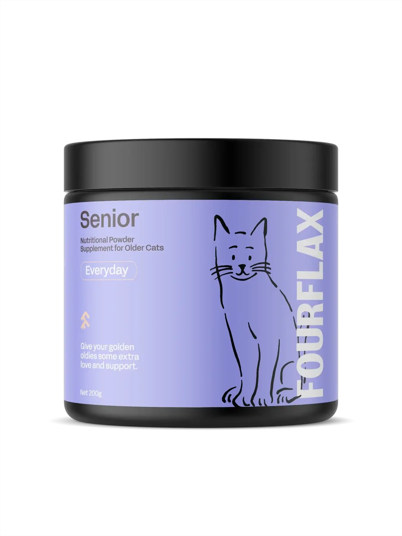 FourFlax Senior cat supplement jar on a white background