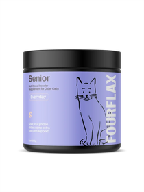 FourFlax Senior cat supplement jar on a white background