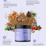FourFurFlax pet supplement jar with natural ingredients on a light background
