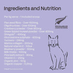 Ingredients and nutrition label for a pet supplement with a cat illustration on a purple background.
