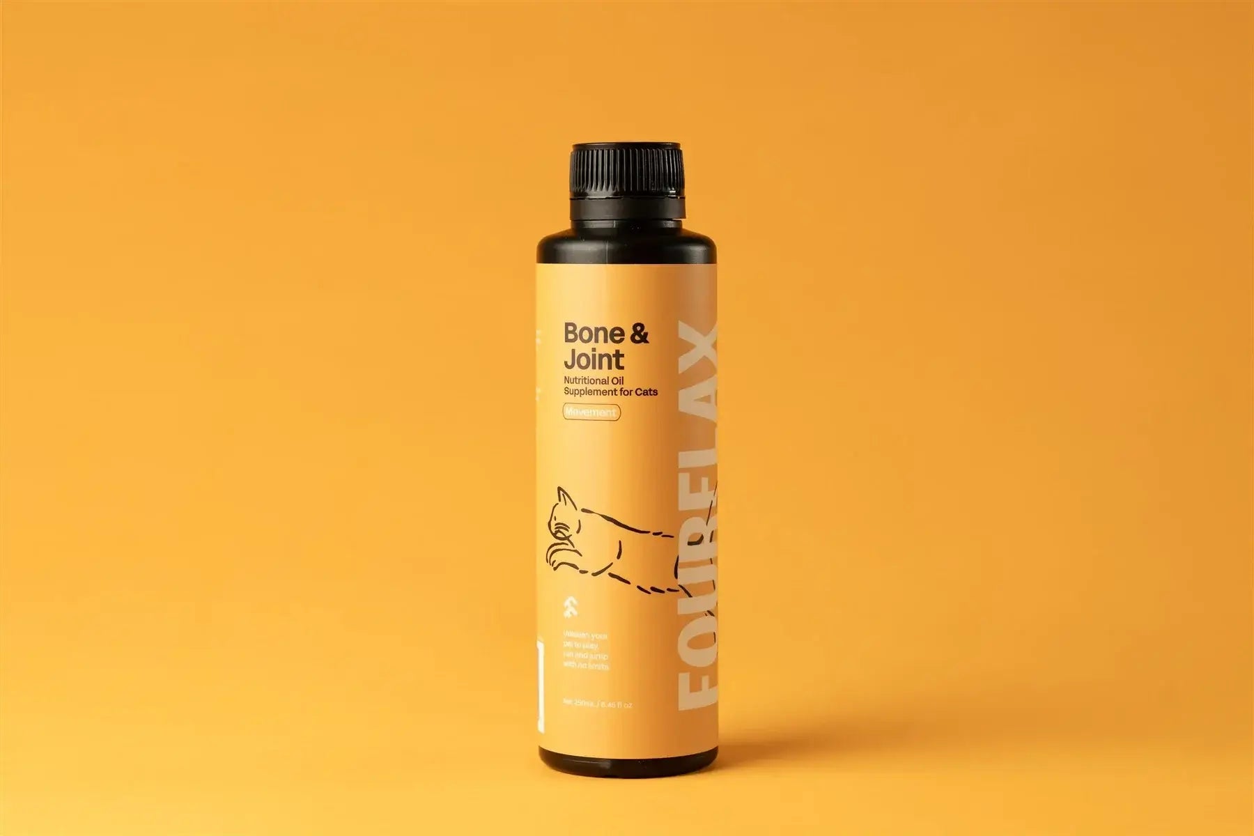 Bottle of Fourflax Bone & Joint supplement for cats on a yellow background