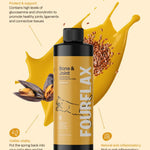 Fourflex Bone & Joint supplement bottle with text on a yellow background