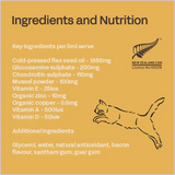 Ingredients and nutrition label for a product with key ingredients listed on a yellow background.