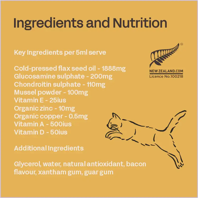 Ingredients and nutrition label for a product with key ingredients listed on a yellow background.
