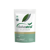 A white stand-up pouch of Salvestrol Platinum dietary supplement, featuring green leaf graphics and a gold and teal band near the bottom, centered on a pale green background.