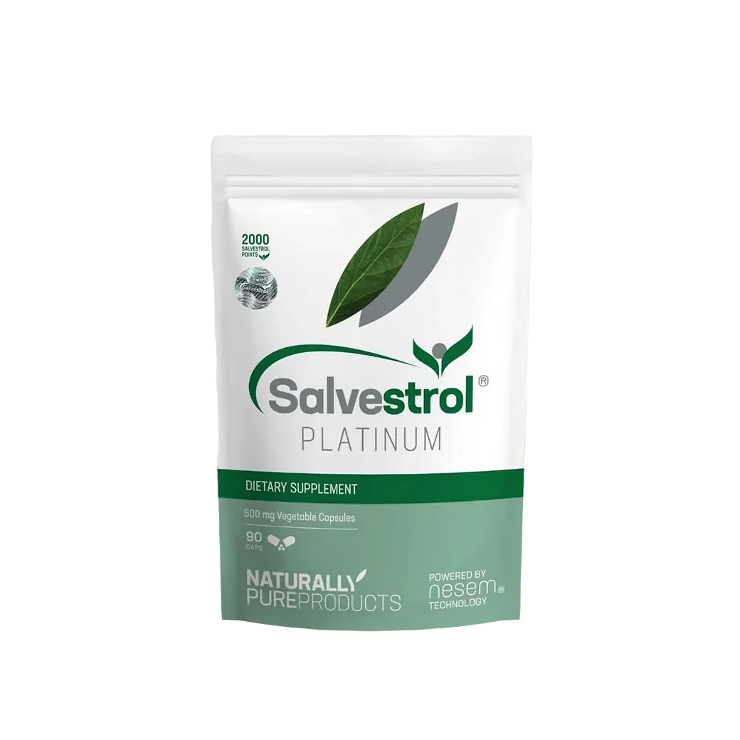 A white stand-up pouch of Salvestrol Platinum dietary supplement, featuring green and gray leaf graphics and text, centered on a light green circular background.