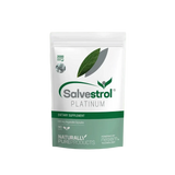 A white stand-up pouch of Salvestrol Platinum dietary supplement, featuring green and gray leaf graphics and text, centered on a light green circular background.