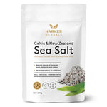 Harker Herbals Celtic & New Zealand Sea Salt with Kelp 500g packaging featuring natural ingredients and rich minerals.  - Windback NZ