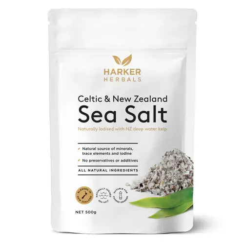 Harker Herbals Celtic & New Zealand Sea Salt with Kelp 500g packaging featuring natural ingredients and rich minerals.  - Windback NZ