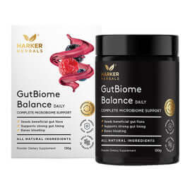 Harker Herbals GutBiome Balance 130g packaging – Windback NZ.