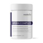 Supplement container labeled 'Brain Complex' by Matakana Superfoods on a white background