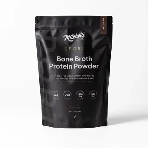 Mitchells Nutrition Bone Broth Protein SPORT Chocolate 500g packaging showing protein powder for active lifestyles.