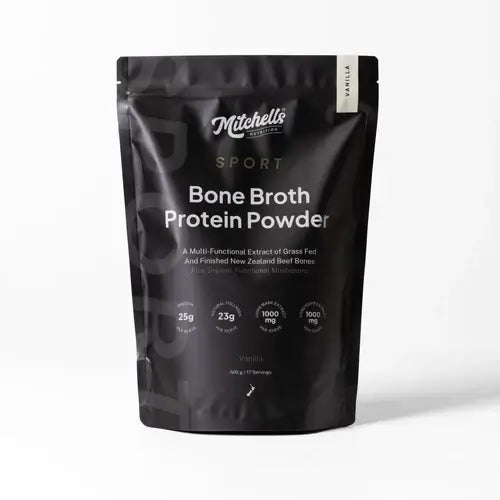 Mitchells Nutrition Bone Broth Protein Powder SPORT Vanilla packaging featuring smooth vanilla blend and functional mushrooms.