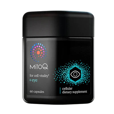 Black container of MitoQ eye supplement on a white background