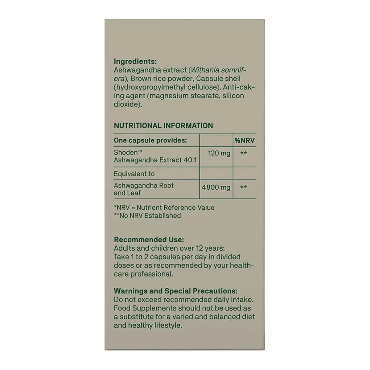 Natroceutics® Ashwagandha BioActive 60 caps nutritional information and ingredients list.